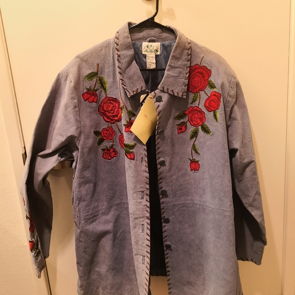 Dusty Blue Leather Jacket with Embroidered Roses